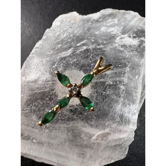 Vintage 14K Yellow Gold Emerald & Diamond Marquise Cross Pendant - Picture 16 of 16